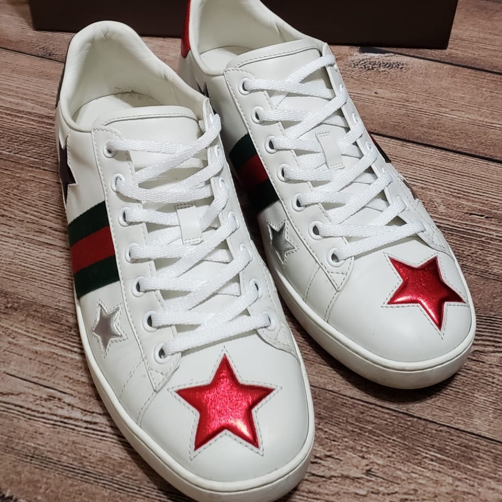Gucci White Leather Ace Metallic Stars Low Top Sneakers Size